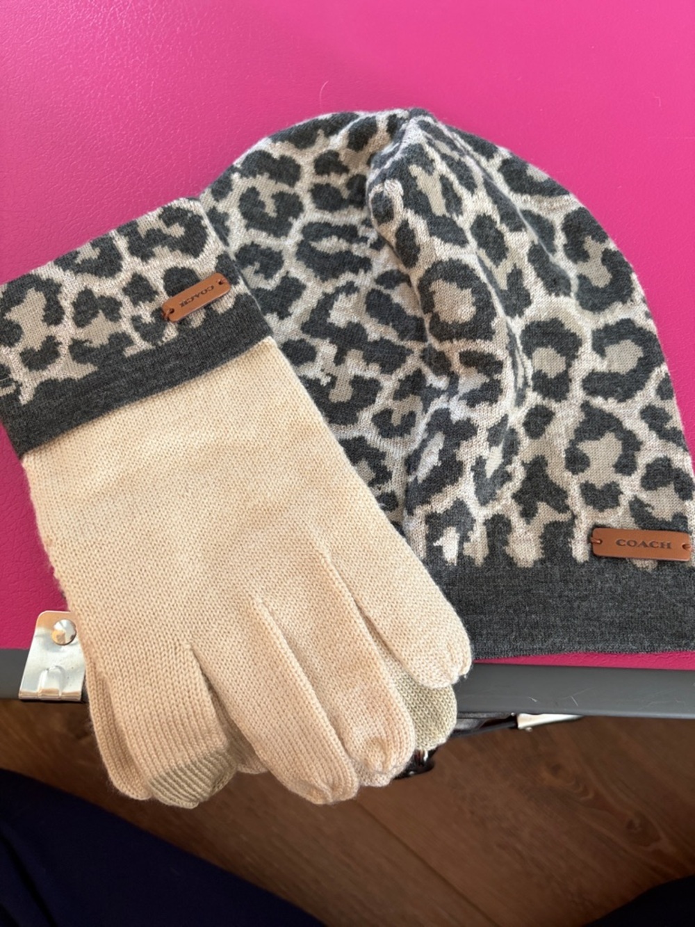 Coach Leopard Knit Beanie and Beige Gloves Set